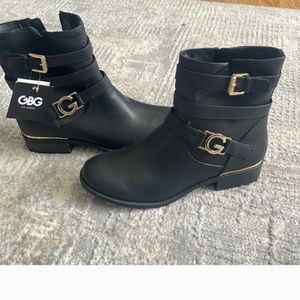 Guess Black Midcalf Zip Up Boot's With Gold Hardware And Buckles
